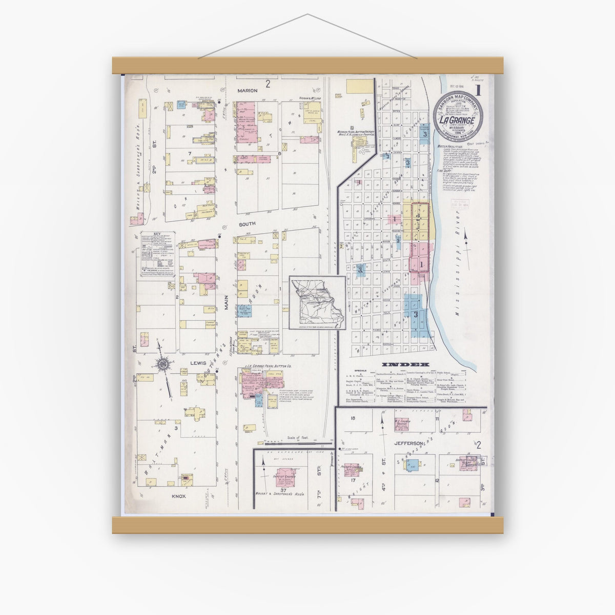 Old map wall art mockup — magnetic wood frame on white wall — Sanborn Fire Insurance Map from La Grange, Lewis County, Missouri (1914) - Complete Map Set