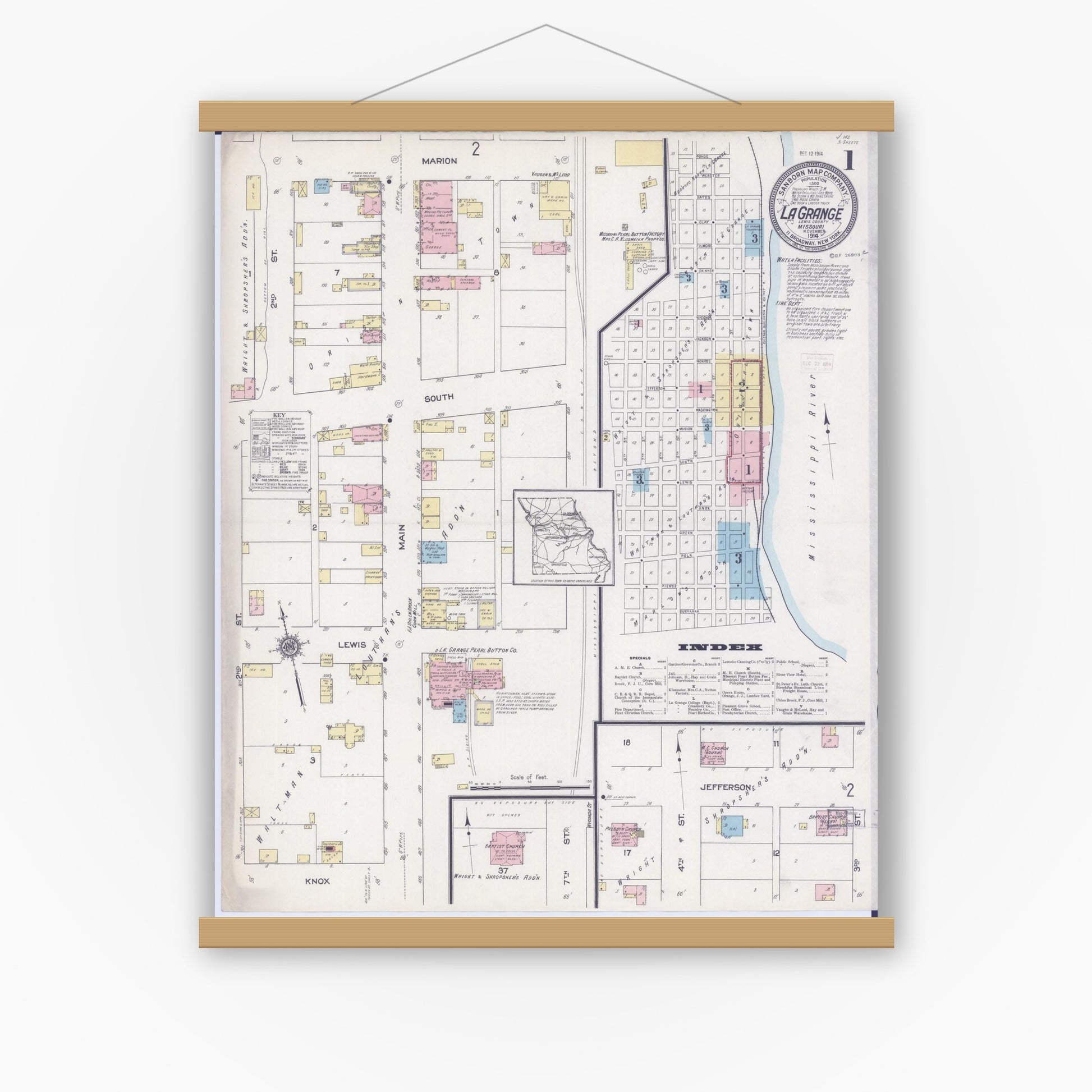 Old map wall art mockup — magnetic wood frame on white wall — Sanborn Fire Insurance Map from La Grange, Lewis County, Missouri (1914) - Complete Map Set
