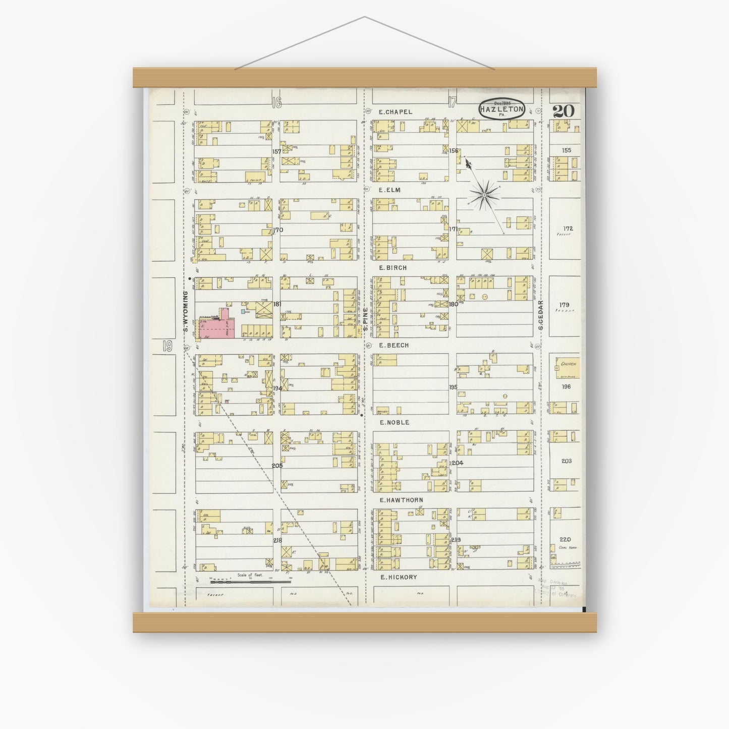 Old map wall art mockup — magnetic wood frame on white wall — Sanborn Fire Insurance Map from Hazleton, Luzerne County, Pennsylvania (1895), Sheet #0020