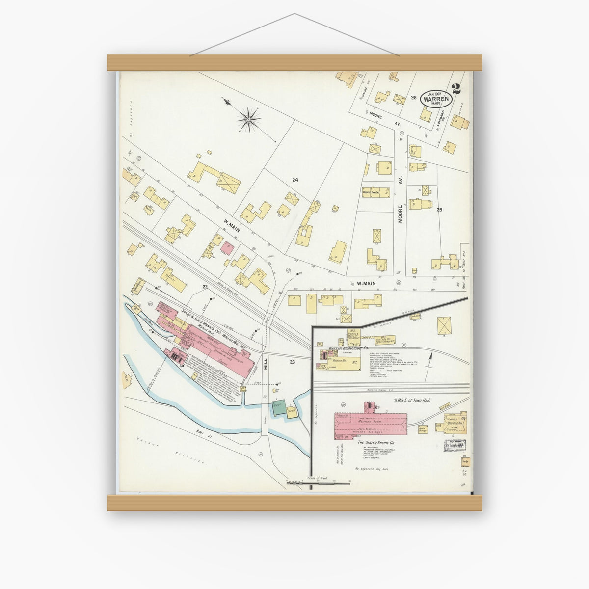 Old map wall art mockup — magnetic wood frame on white wall — Sanborn Fire Insurance Map from Warren, Worcester County, Massachusetts (1902), Sheet #0002