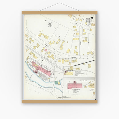 Old map wall art mockup — magnetic wood frame on white wall — Sanborn Fire Insurance Map from Warren, Worcester County, Massachusetts (1902), Sheet #0002