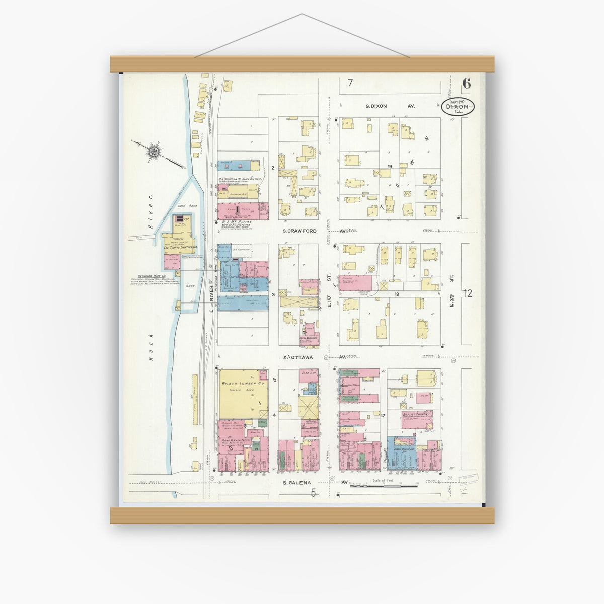 Old map wall art mockup — magnetic wood frame on white wall — Sanborn Fire Insurance Map from Dixon, Lee County, Illinois (1910), Sheet #0006