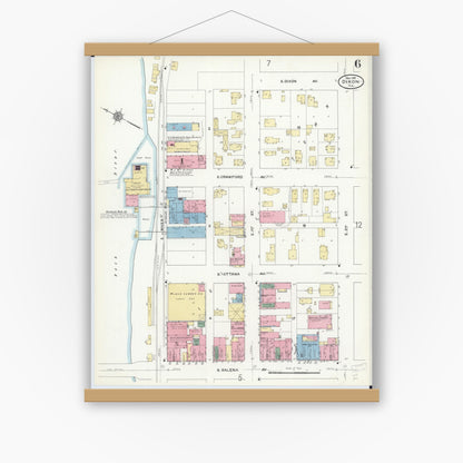 Old map wall art mockup — magnetic wood frame on white wall — Sanborn Fire Insurance Map from Dixon, Lee County, Illinois (1910), Sheet #0006