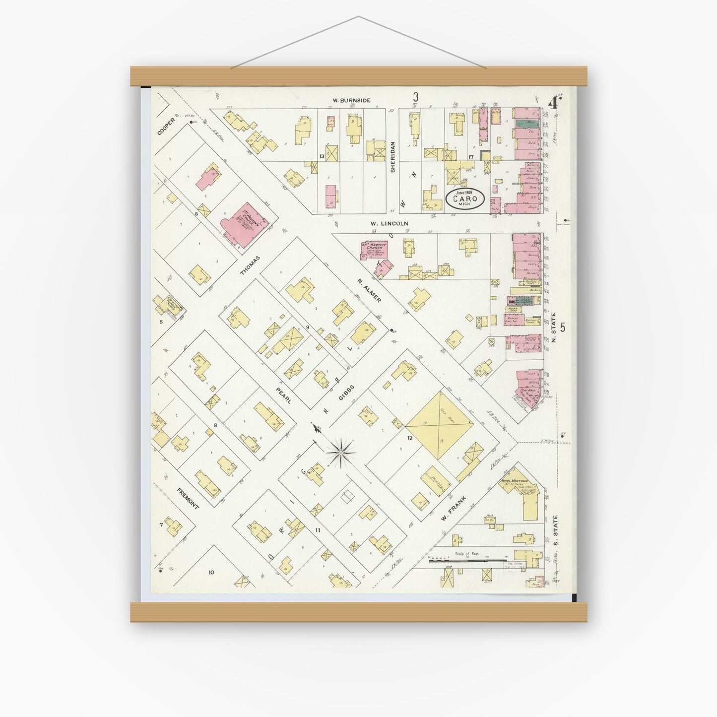 Old map wall art mockup — magnetic wood frame on white wall — Sanborn Fire Insurance Map from Caro, Tuscola County, Michigan (1909), Sheet #0004