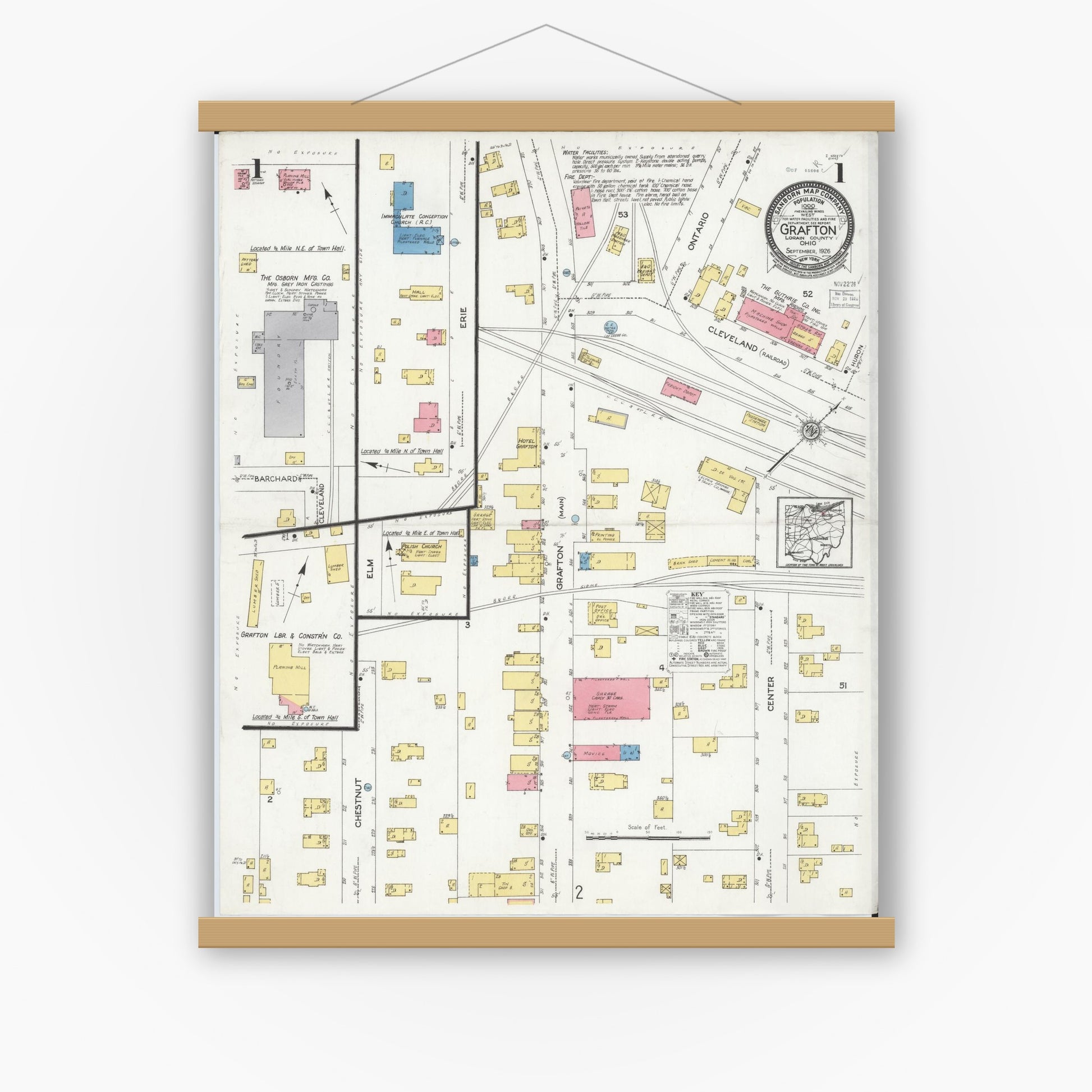 Old map wall art mockup — magnetic wood frame on white wall — Sanborn Fire Insurance Map from Grafton, Lorain County, Ohio (1926) - Complete Map Set