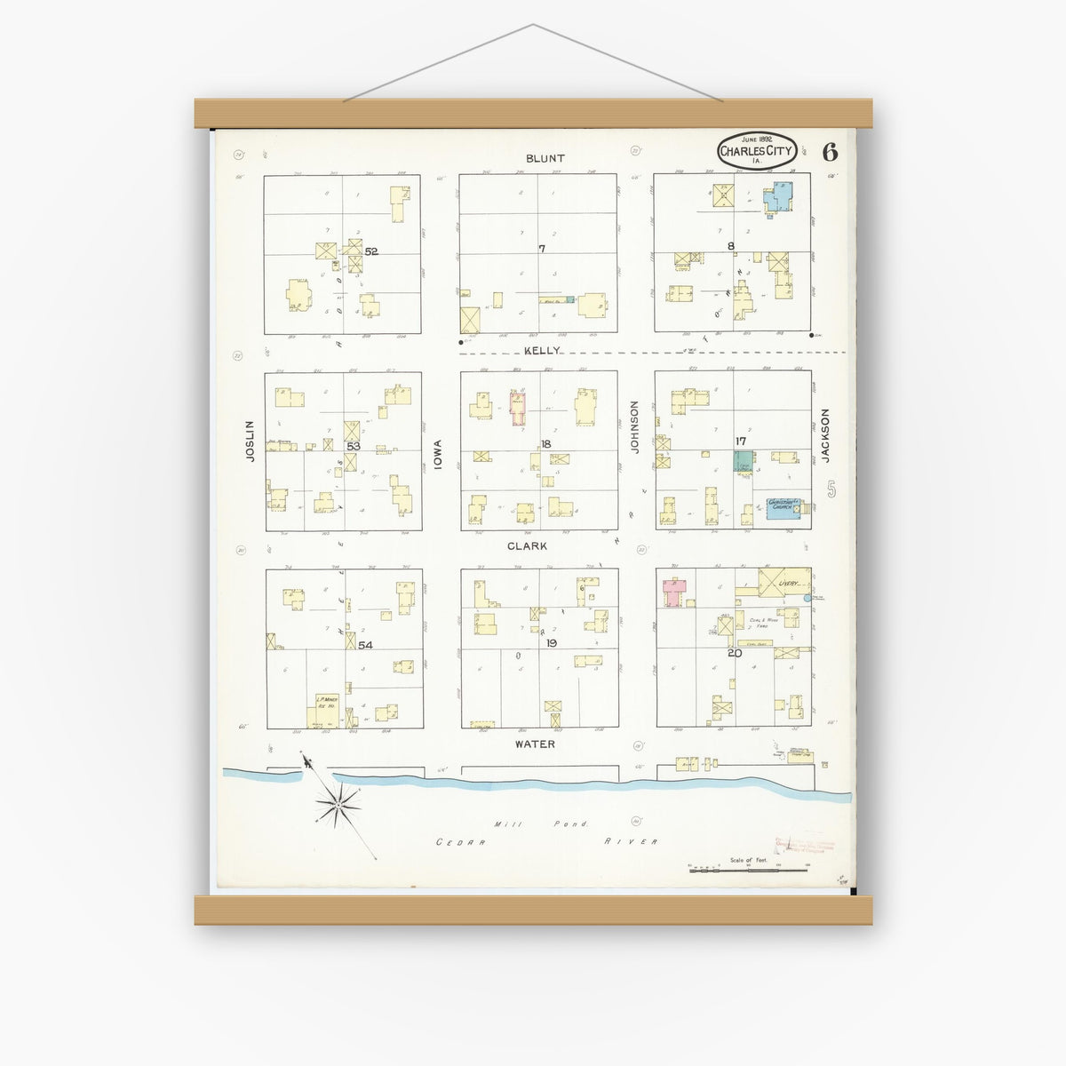 Old map wall art mockup — magnetic wood frame on white wall — Sanborn Fire Insurance Map from Charles City, Floyd County, Iowa (1892), Sheet #0006