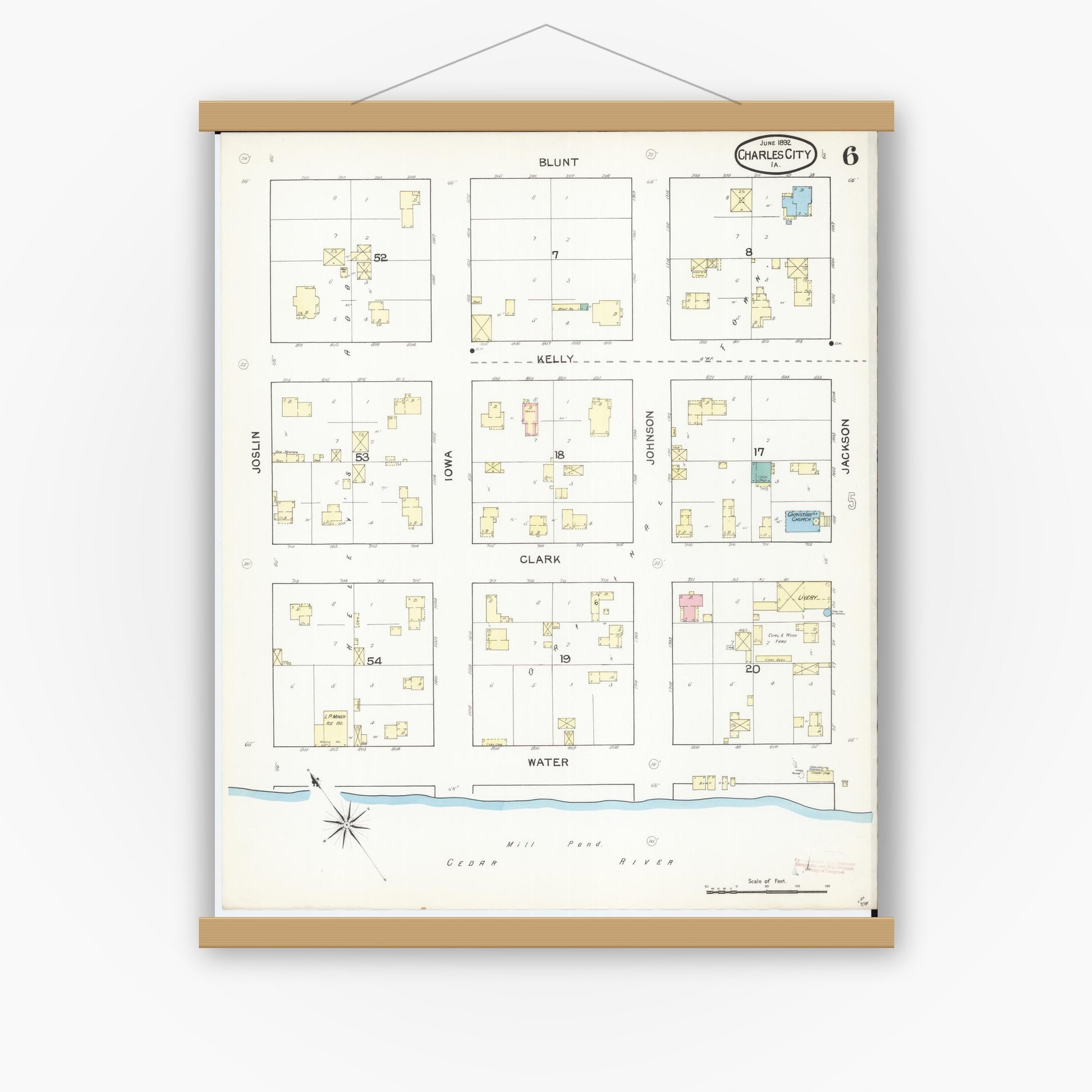 Old map wall art mockup — magnetic wood frame on white wall — Sanborn Fire Insurance Map from Charles City, Floyd County, Iowa (1892), Sheet #0006