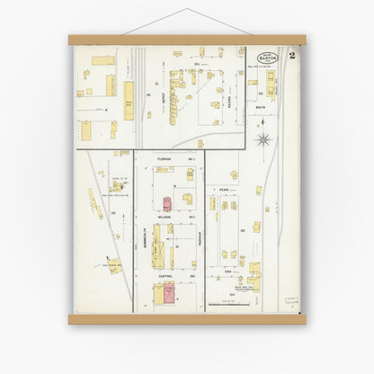 Old map wall art mockup — magnetic wood frame on white wall — Sanborn Fire Insurance Map from Bartow, Polk County, Florida (1901), Sheet #0002