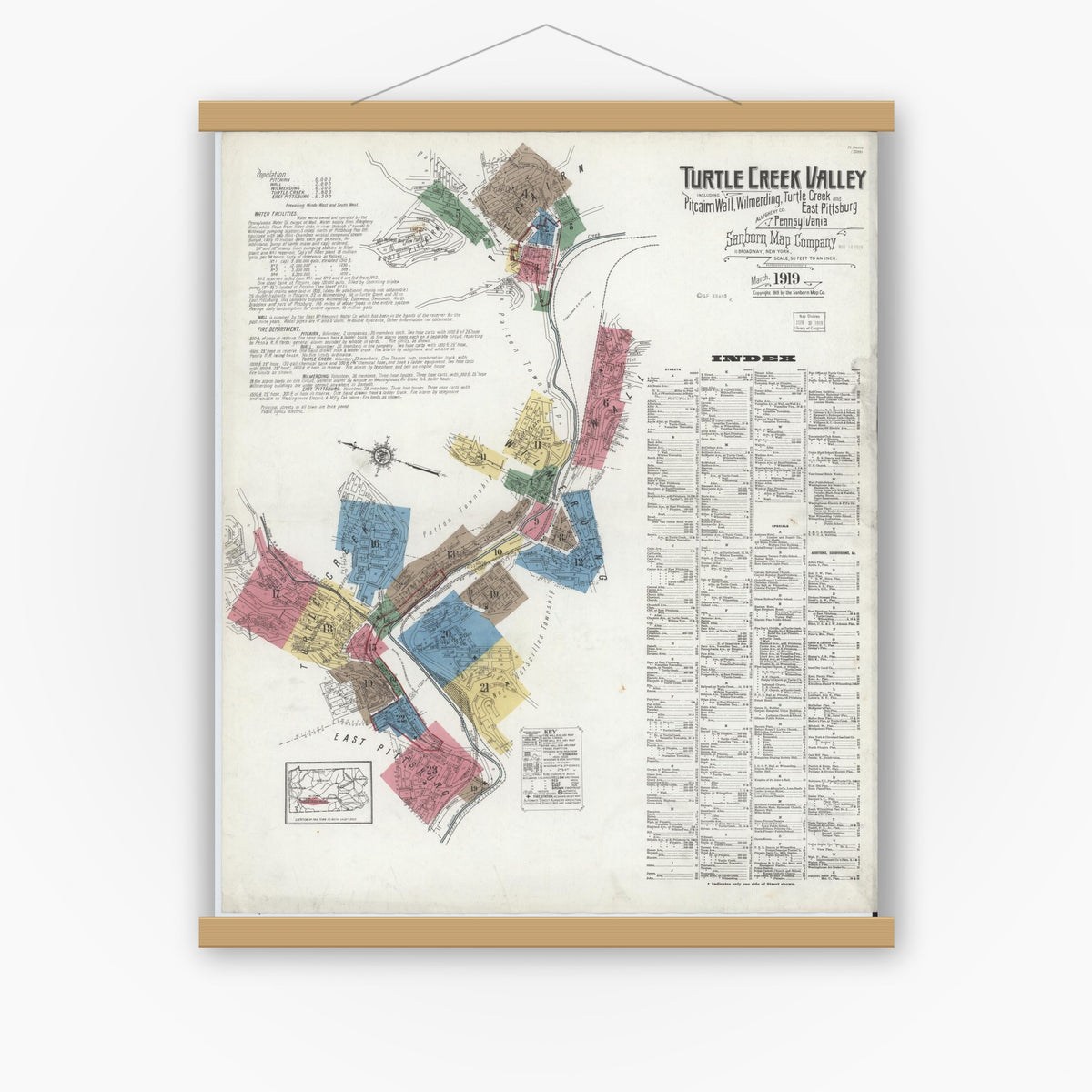 Old map wall art mockup — magnetic wood frame on white wall — Sanborn Fire Insurance Map from Turtle Creek Valley, Allegheny County, Pennsylvania (1919) - Complete Map Set