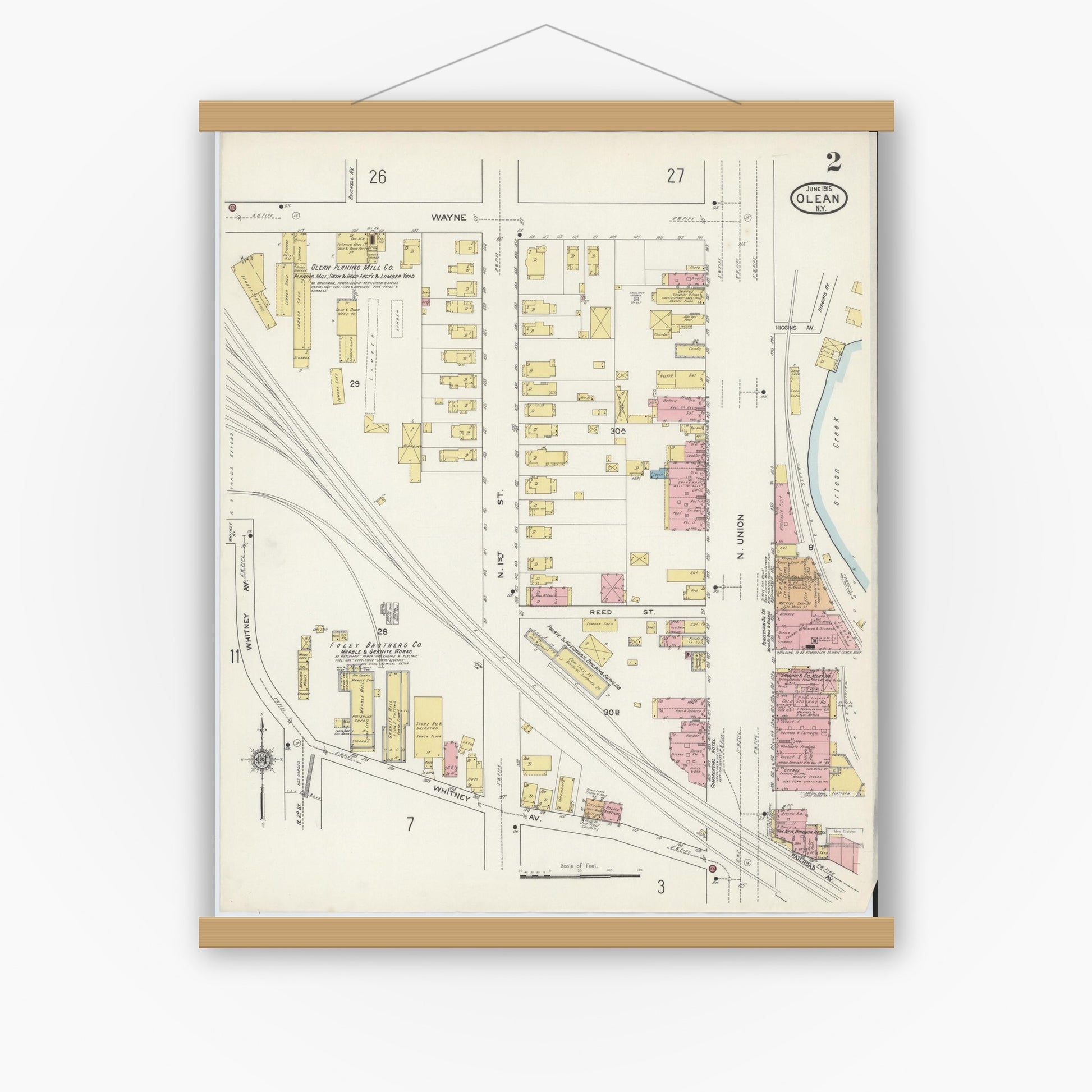 Old map wall art mockup — magnetic wood frame on white wall — Sanborn Fire Insurance Map from Olean, Cattaraugus County, New York (1915) - Complete Map Set