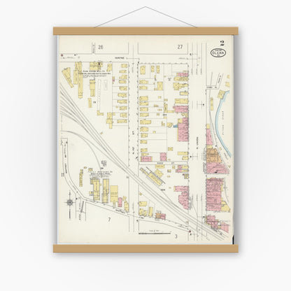 Old map wall art mockup — magnetic wood frame on white wall — Sanborn Fire Insurance Map from Olean, Cattaraugus County, New York (1915) - Complete Map Set