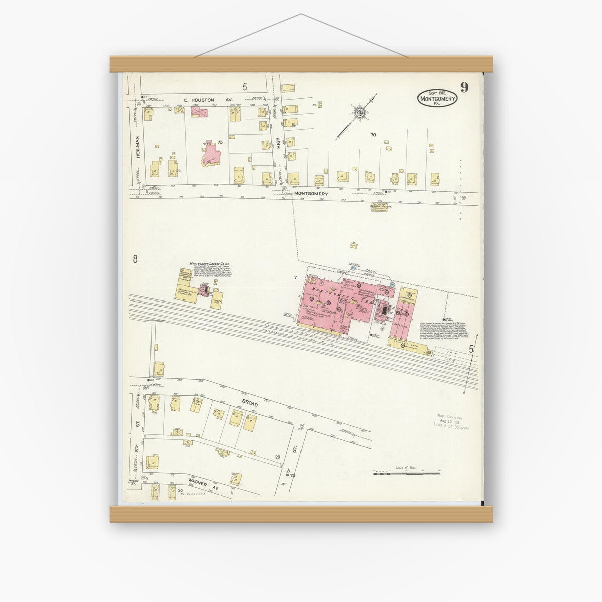 Old map wall art mockup — magnetic wood frame on white wall — Sanborn Fire Insurance Map from Montgomery, Lycoming County, Pennsylvania (1912), Sheet #0009