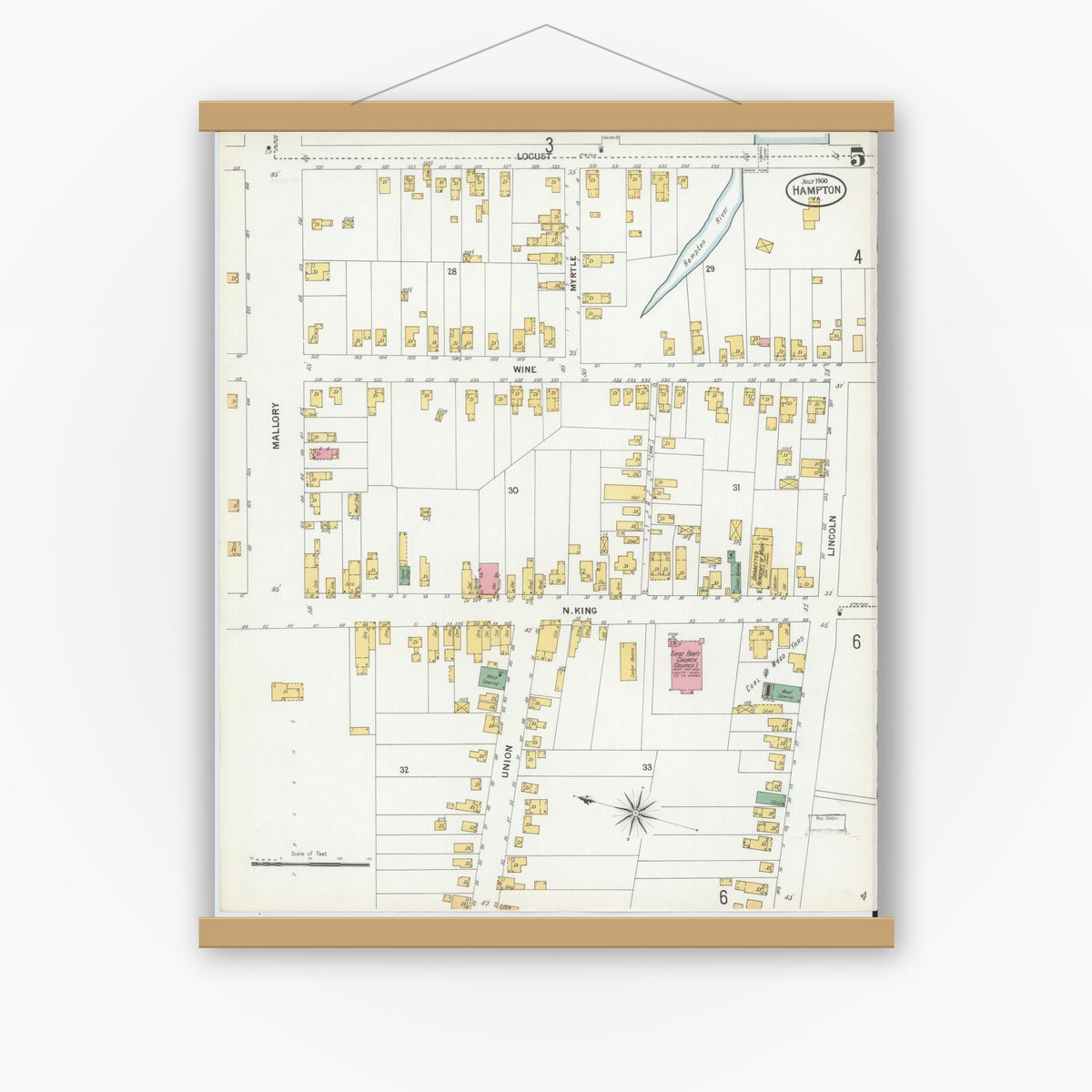 Old map wall art mockup — magnetic wood frame on white wall — Sanborn Fire Insurance Map from Hampton, Independent Cities, Virginia (1900), Sheet #0005