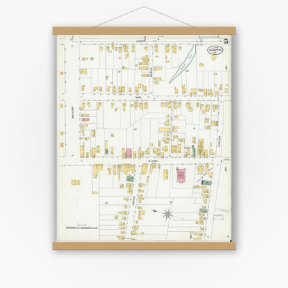 Old map wall art mockup — magnetic wood frame on white wall — Sanborn Fire Insurance Map from Hampton, Independent Cities, Virginia (1900), Sheet #0005