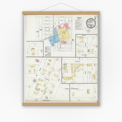 Old map wall art mockup — magnetic wood frame on white wall — Sanborn Fire Insurance Map from Altamont, Effingham County, Illinois (1898), Sheet #0001