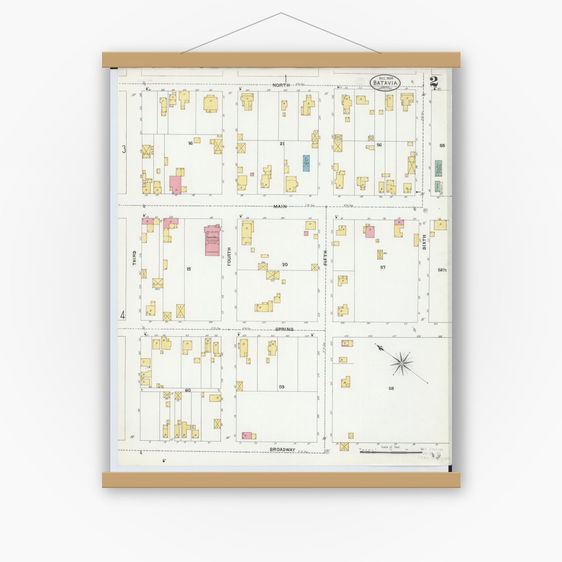 Old map wall art mockup — magnetic wood frame on white wall — Sanborn Fire Insurance Map from Batavia, Clermont County, Ohio (1904), Sheet #0002