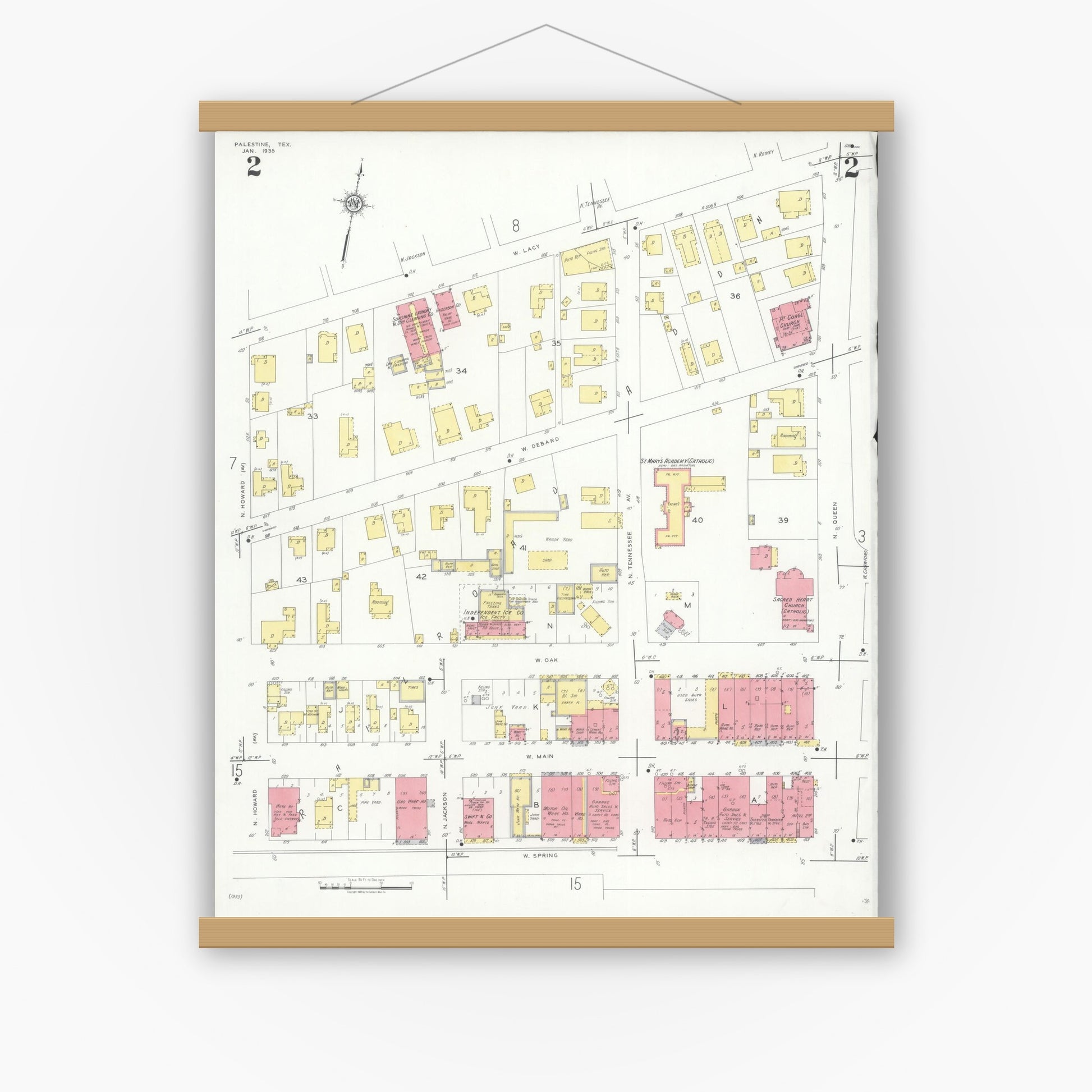 Old map wall art mockup — magnetic wood frame on white wall — Sanborn Fire Insurance Map from Palestine, Anderson County, Texas (1935), Sheet #0002