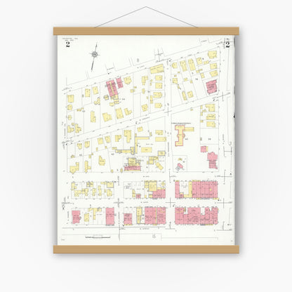 Old map wall art mockup — magnetic wood frame on white wall — Sanborn Fire Insurance Map from Palestine, Anderson County, Texas (1935), Sheet #0002