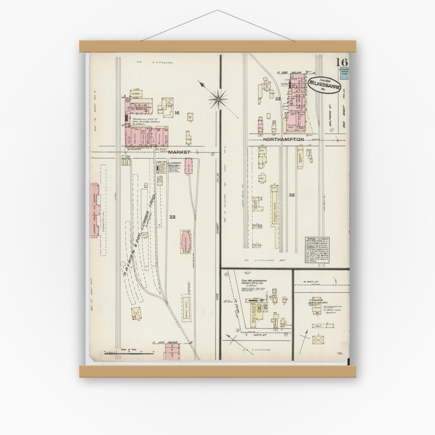 Old map wall art mockup — magnetic wood frame on white wall — Sanborn Fire Insurance Map from Wilkes Barre, Luzerne County, Pennsylvania (1884), Sheet #0016