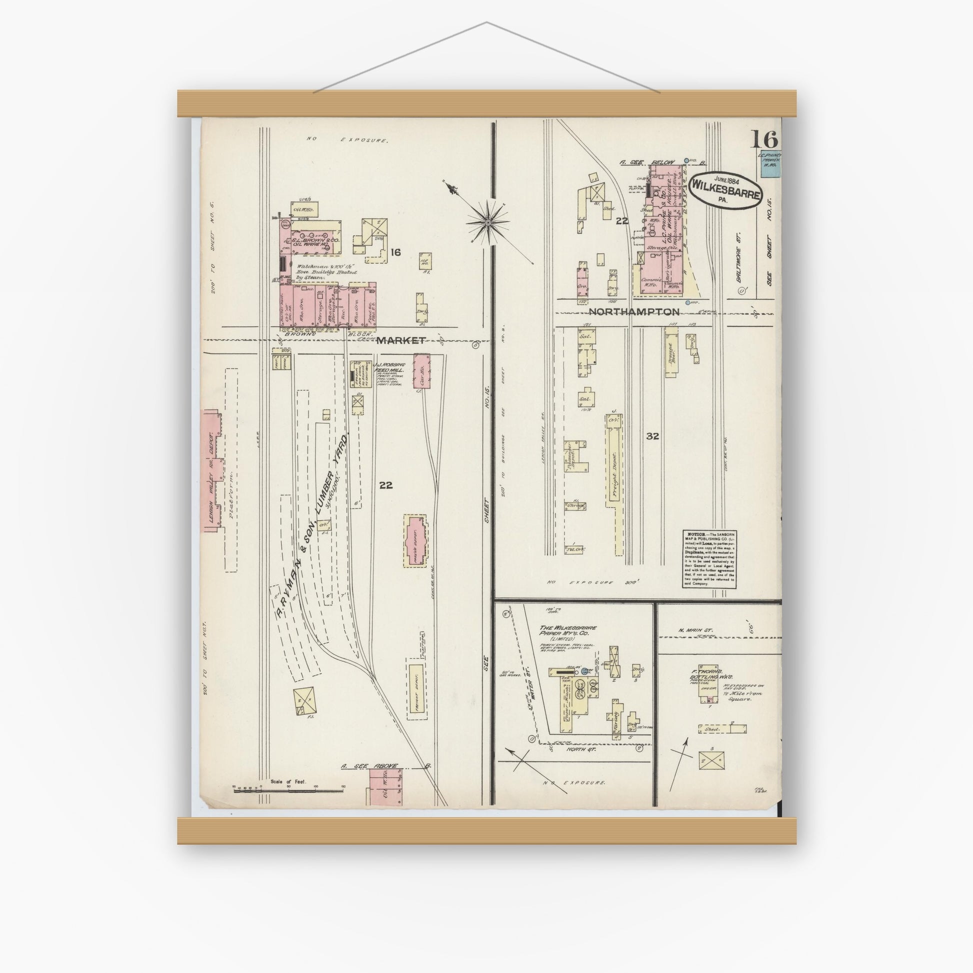 Old map wall art mockup — magnetic wood frame on white wall — Sanborn Fire Insurance Map from Wilkes Barre, Luzerne County, Pennsylvania (1884), Sheet #0016
