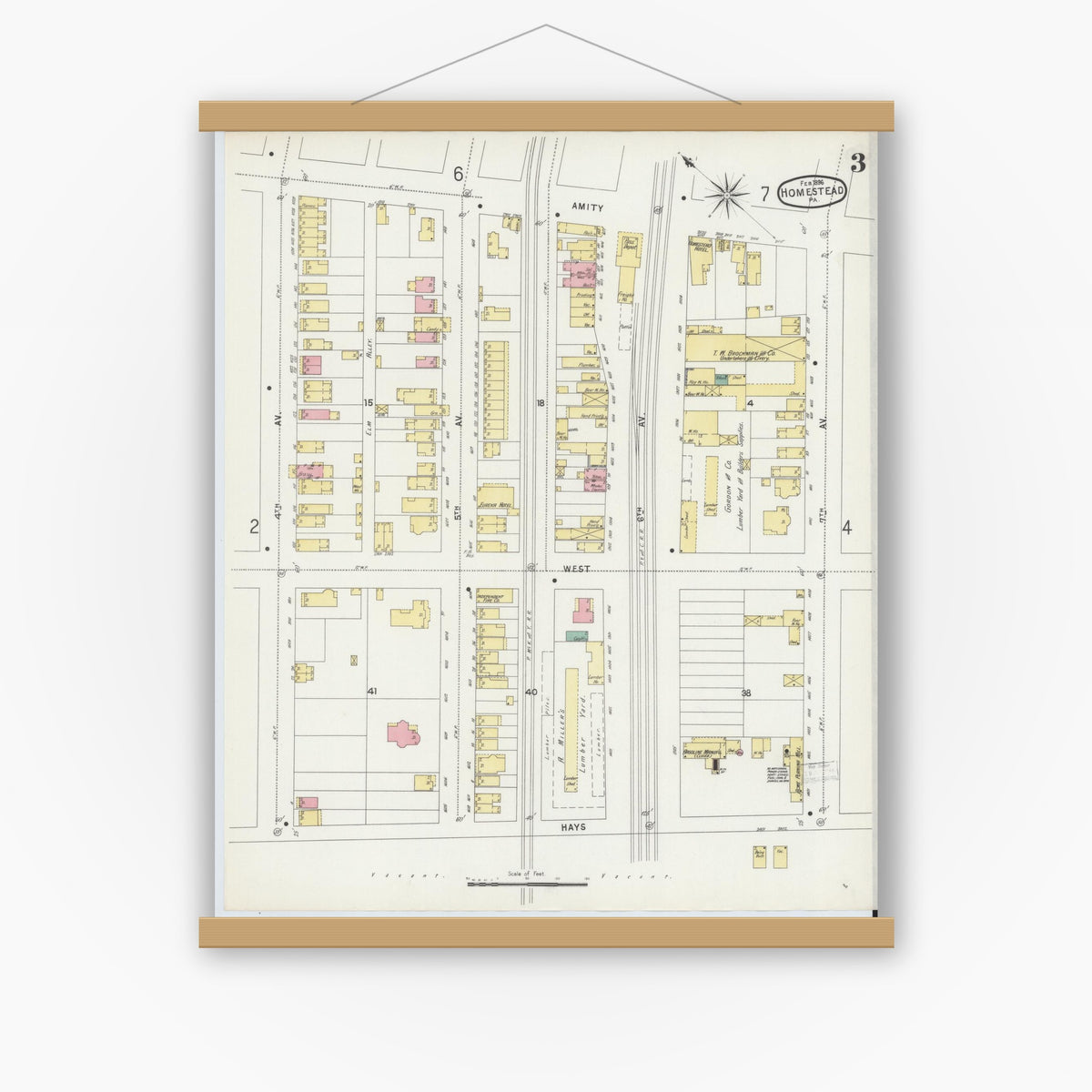 Old map wall art mockup — magnetic wood frame on white wall — Sanborn Fire Insurance Map from Homestead, Allegheny County, Pennsylvania (1896), Sheet #0003