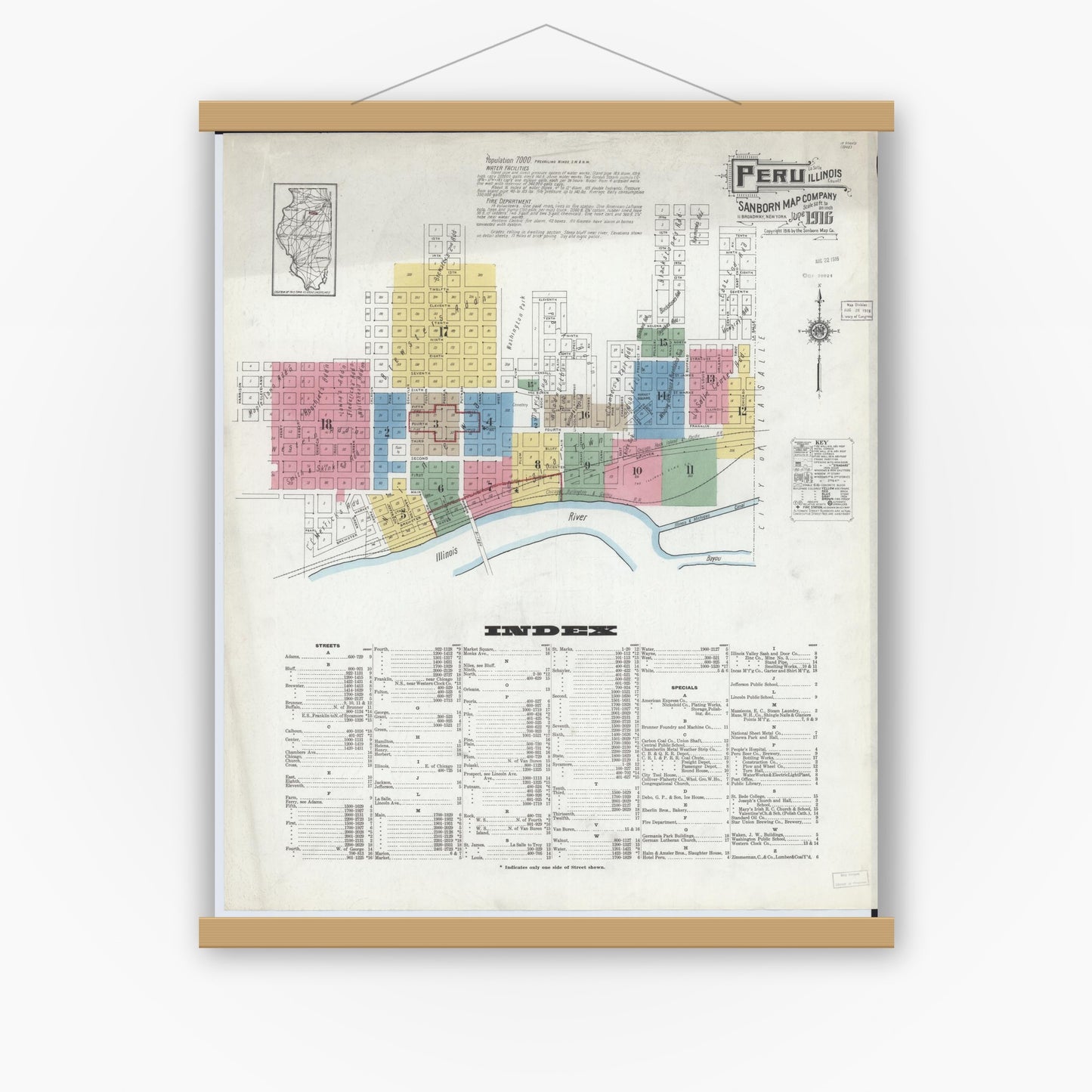 Old map wall art mockup — magnetic wood frame on white wall — Sanborn Fire Insurance Map from Peru, La Salle County, Illinois (1916) - Complete Map Set