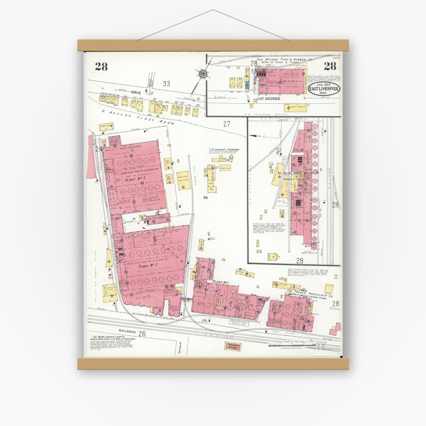 Old map wall art mockup — magnetic wood frame on white wall — Sanborn Fire Insurance Map from East Liverpool, Columbiana County, Ohio (1923), Sheet #0028