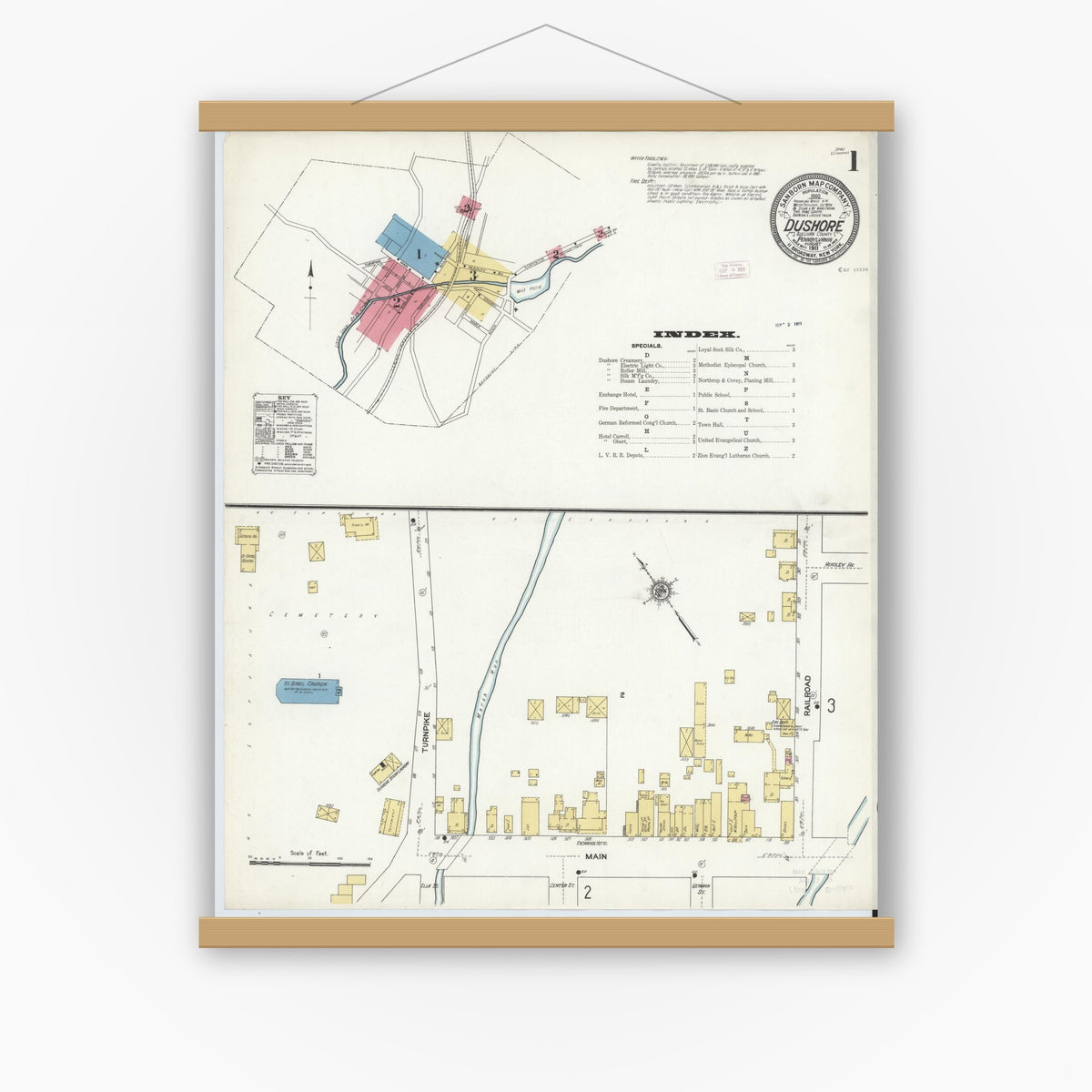 Old map wall art mockup — magnetic wood frame on white wall — Sanborn Fire Insurance Map from Dushore, Sullivan County, Pennsylvania (1911) - Complete Map Set