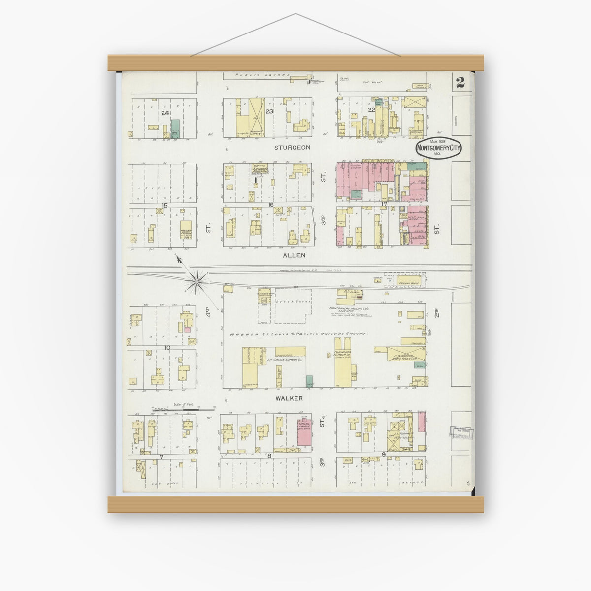 Old map wall art mockup — magnetic wood frame on white wall — Sanborn Fire Insurance Map from Montgomery City, Montgomery County, Missouri (1893), Sheet #0002