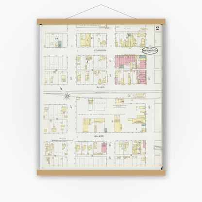Old map wall art mockup — magnetic wood frame on white wall — Sanborn Fire Insurance Map from Montgomery City, Montgomery County, Missouri (1893), Sheet #0002