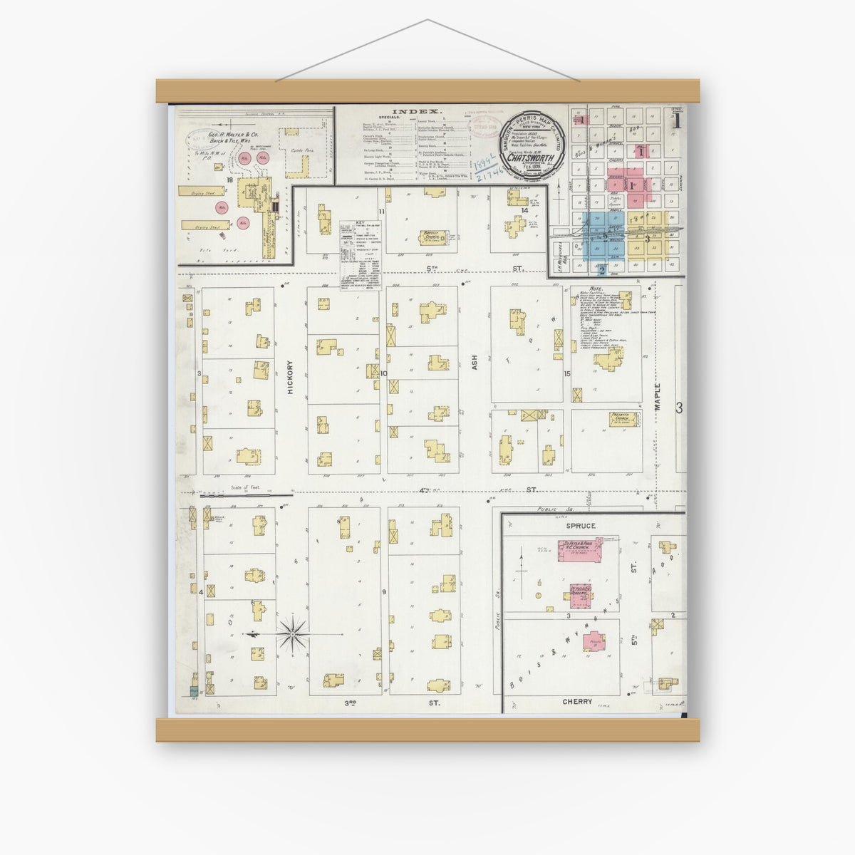 Old map wall art mockup — magnetic wood frame on white wall — Sanborn Fire Insurance Map from Chatsworth, Livingston County, Illinois (1899) - Complete Map Set