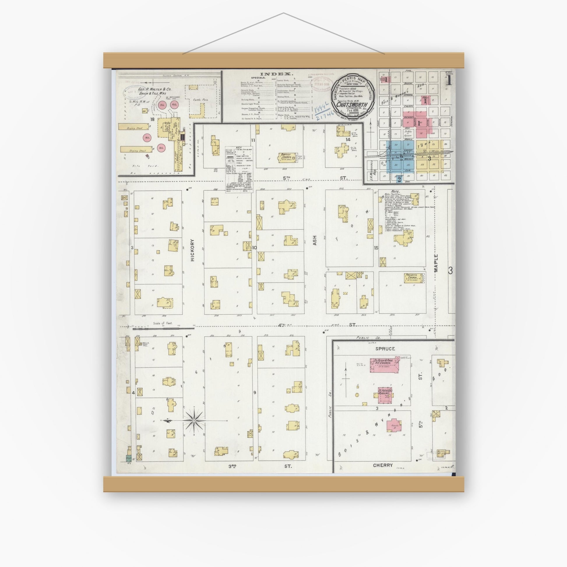 Old map wall art mockup — magnetic wood frame on white wall — Sanborn Fire Insurance Map from Chatsworth, Livingston County, Illinois (1899) - Complete Map Set