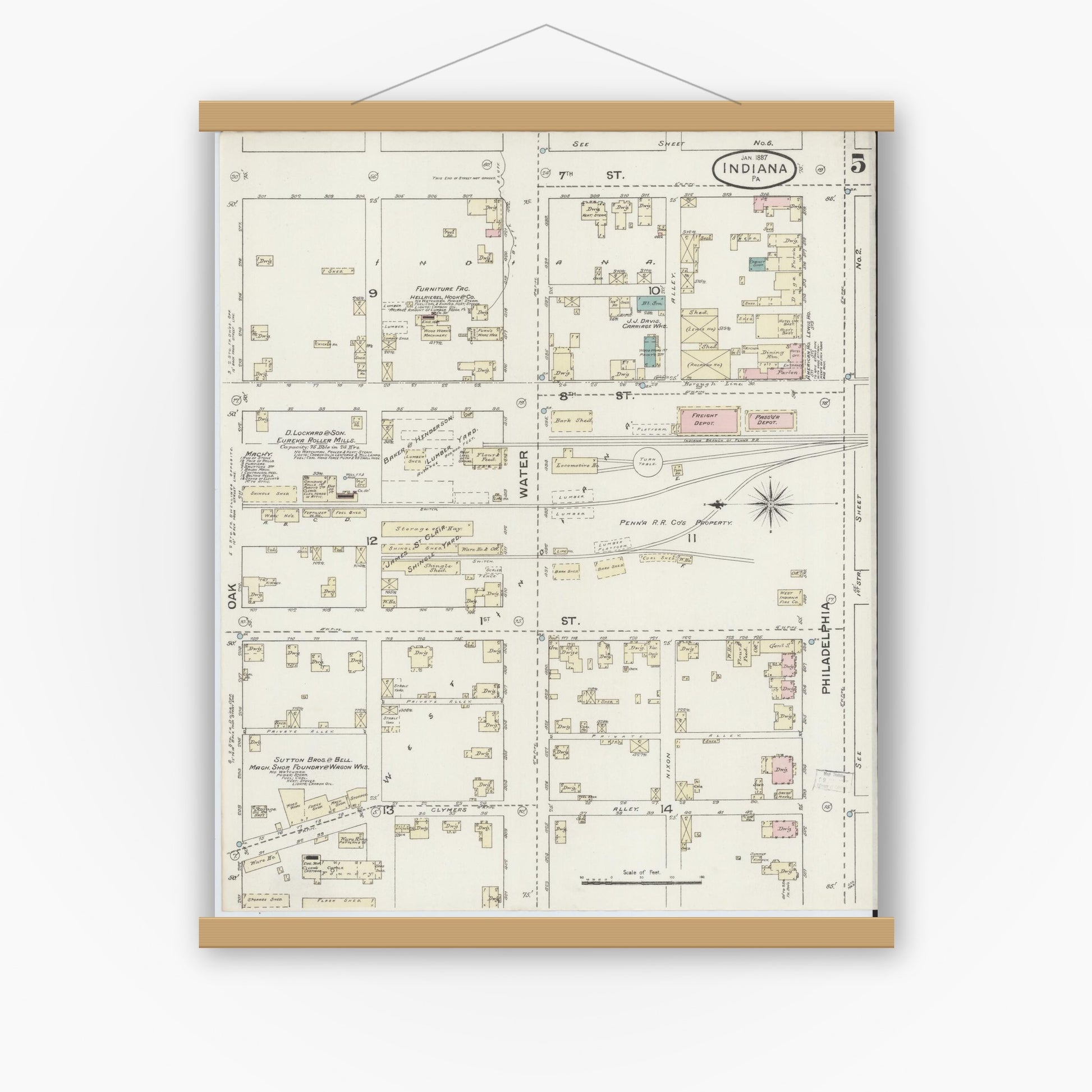 Old map wall art mockup — magnetic wood frame on white wall — Sanborn Fire Insurance Map from Indiana, Indiana County, Pennsylvania (1887), Sheet #0005