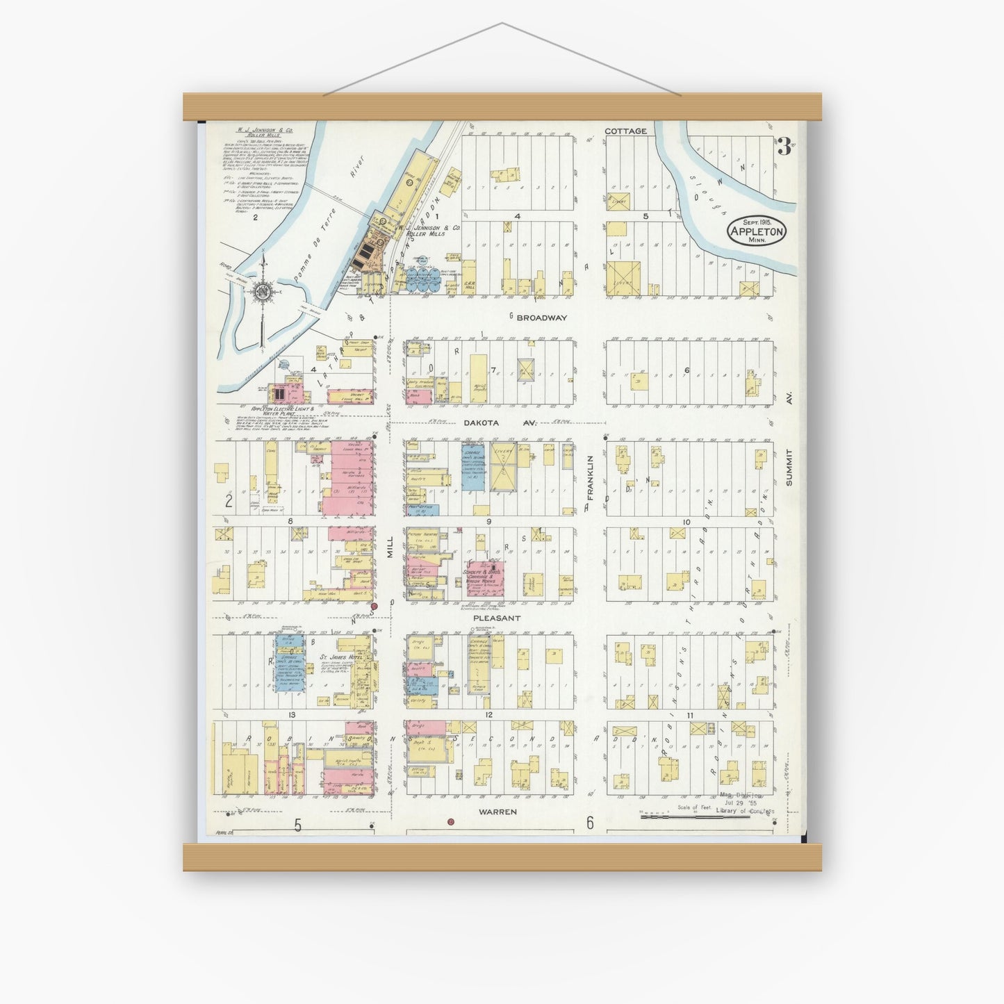 Old map wall art mockup — magnetic wood frame on white wall — Sanborn Fire Insurance Map from Appleton, Swift County, Minnesota (1915), Sheet #0003