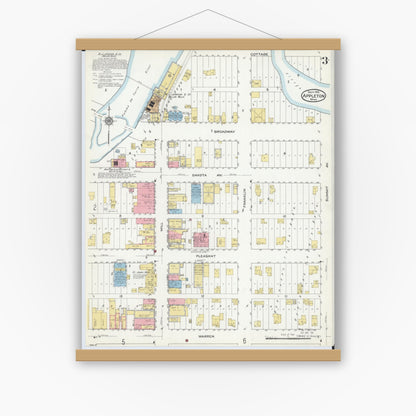 Old map wall art mockup — magnetic wood frame on white wall — Sanborn Fire Insurance Map from Appleton, Swift County, Minnesota (1915), Sheet #0003