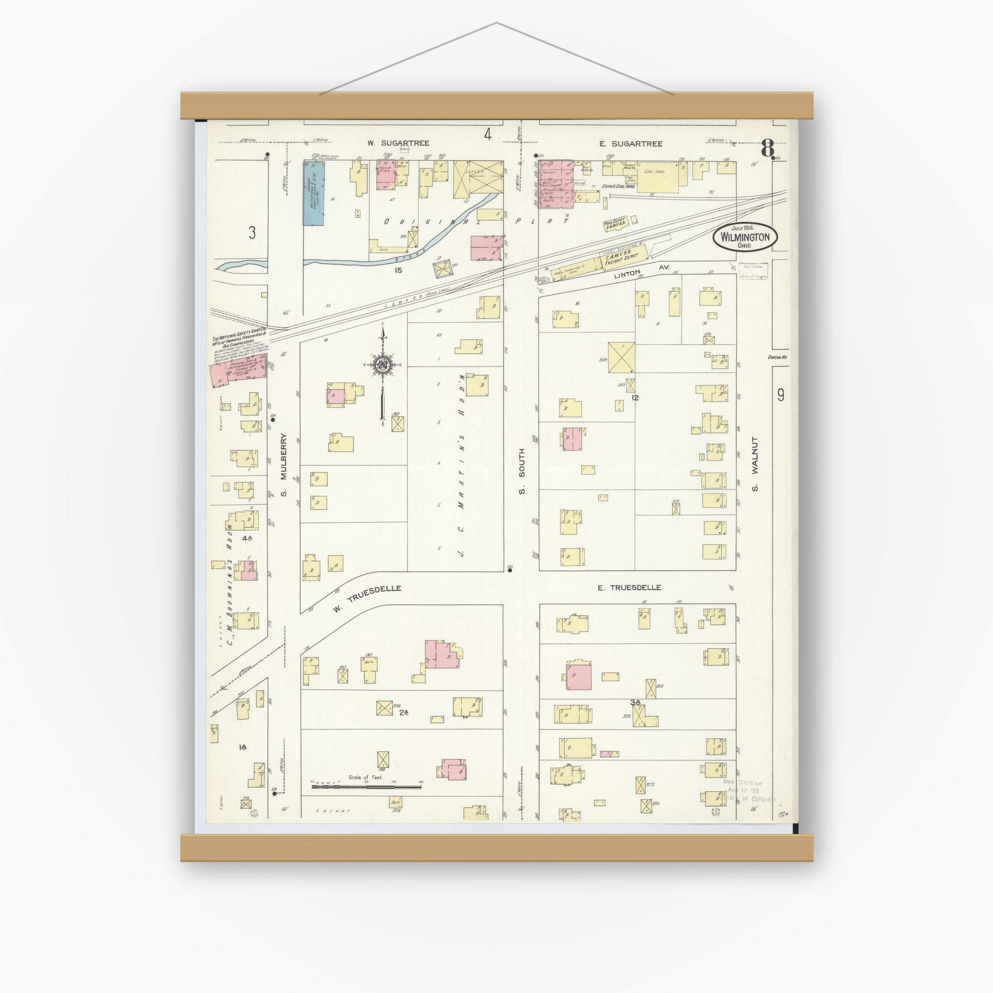 Old map wall art mockup — magnetic wood frame on white wall — Sanborn Fire Insurance Map from Wilmington, Clinton County, Ohio (1914), Sheet #0008