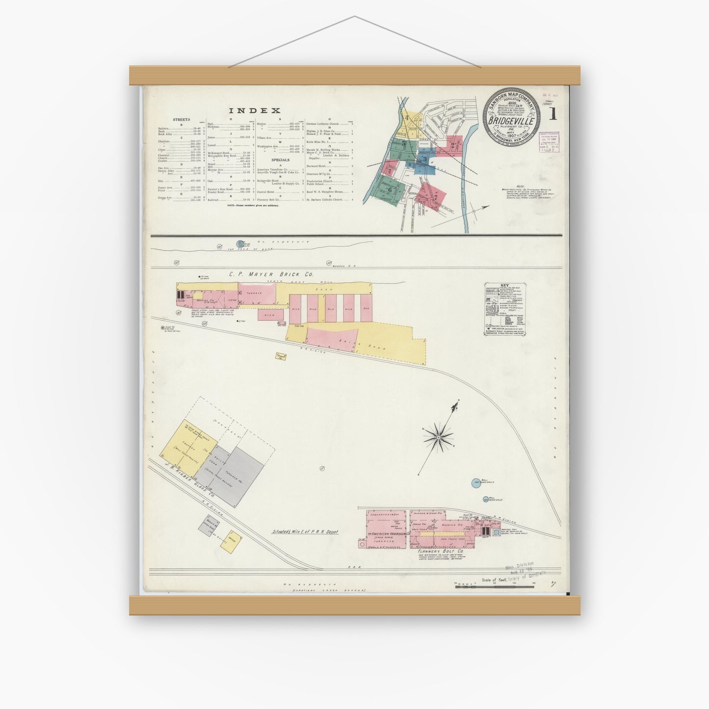 Old map wall art mockup — magnetic wood frame on white wall — Sanborn Fire Insurance Map from Bridgeville, Allegheny County, Pennsylvania (1907) - Complete Map Set
