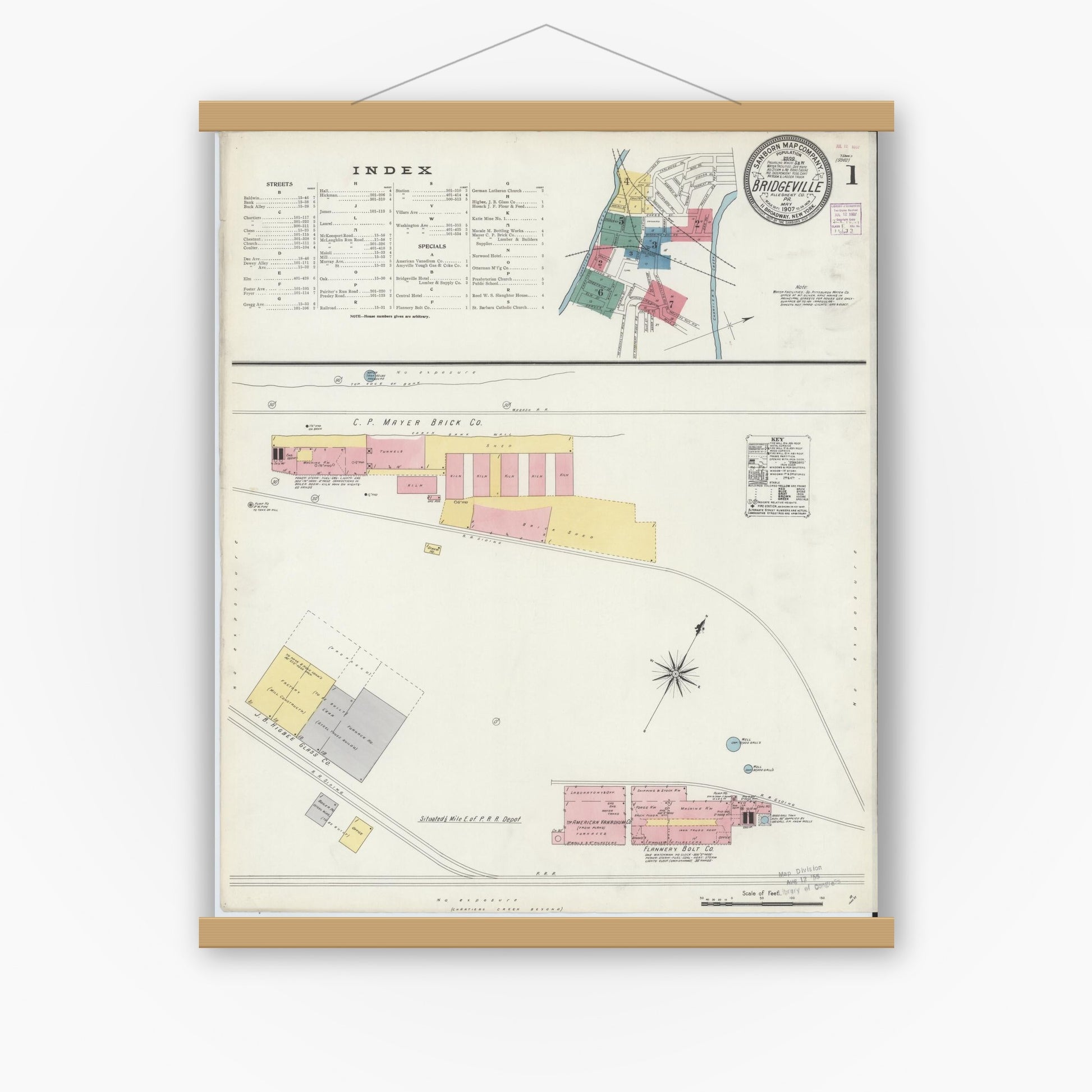 Old map wall art mockup — magnetic wood frame on white wall — Sanborn Fire Insurance Map from Bridgeville, Allegheny County, Pennsylvania (1907) - Complete Map Set