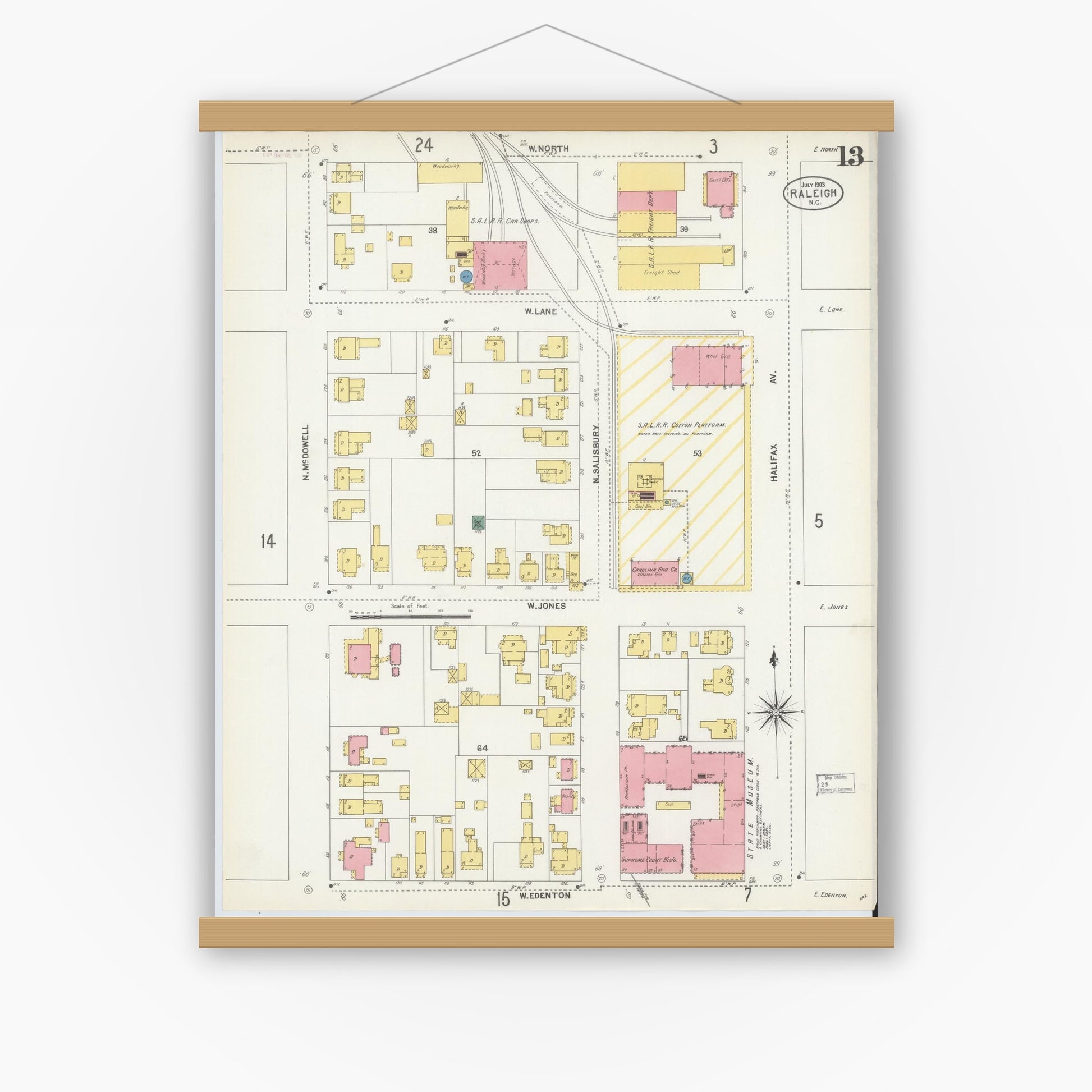 Old map wall art mockup — magnetic wood frame on white wall — Sanborn Fire Insurance Map from Raleigh, Wake County, North Carolina (1903), Sheet #0013