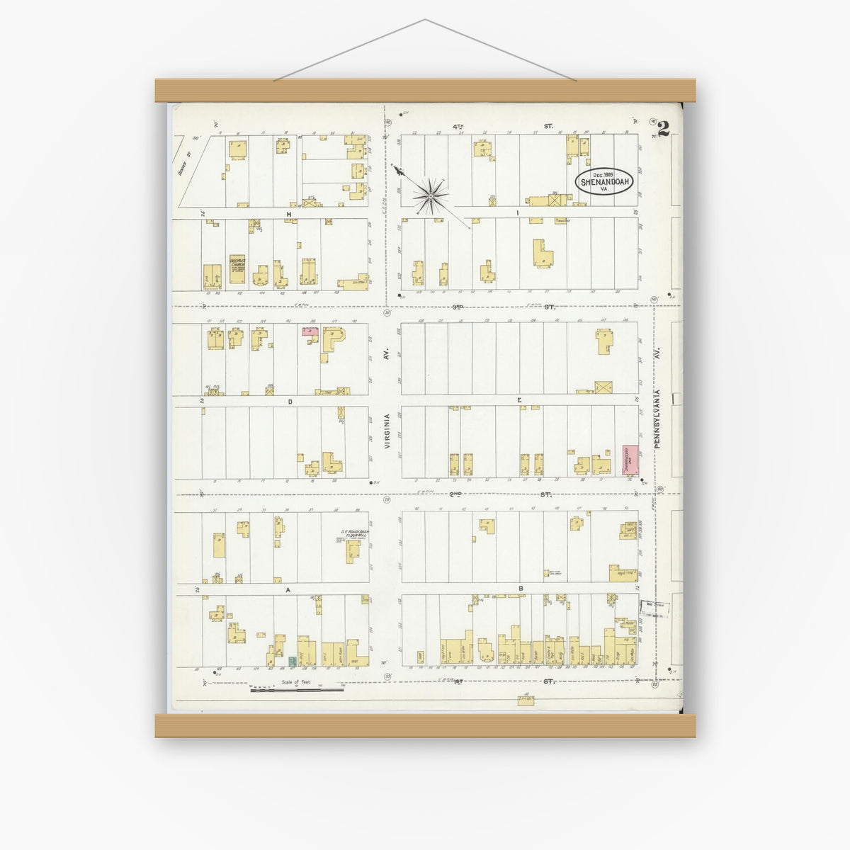 Old map wall art mockup — magnetic wood frame on white wall — Sanborn Fire Insurance Map from Shenandoah, Page County, Virginia (1905), Sheet #0002