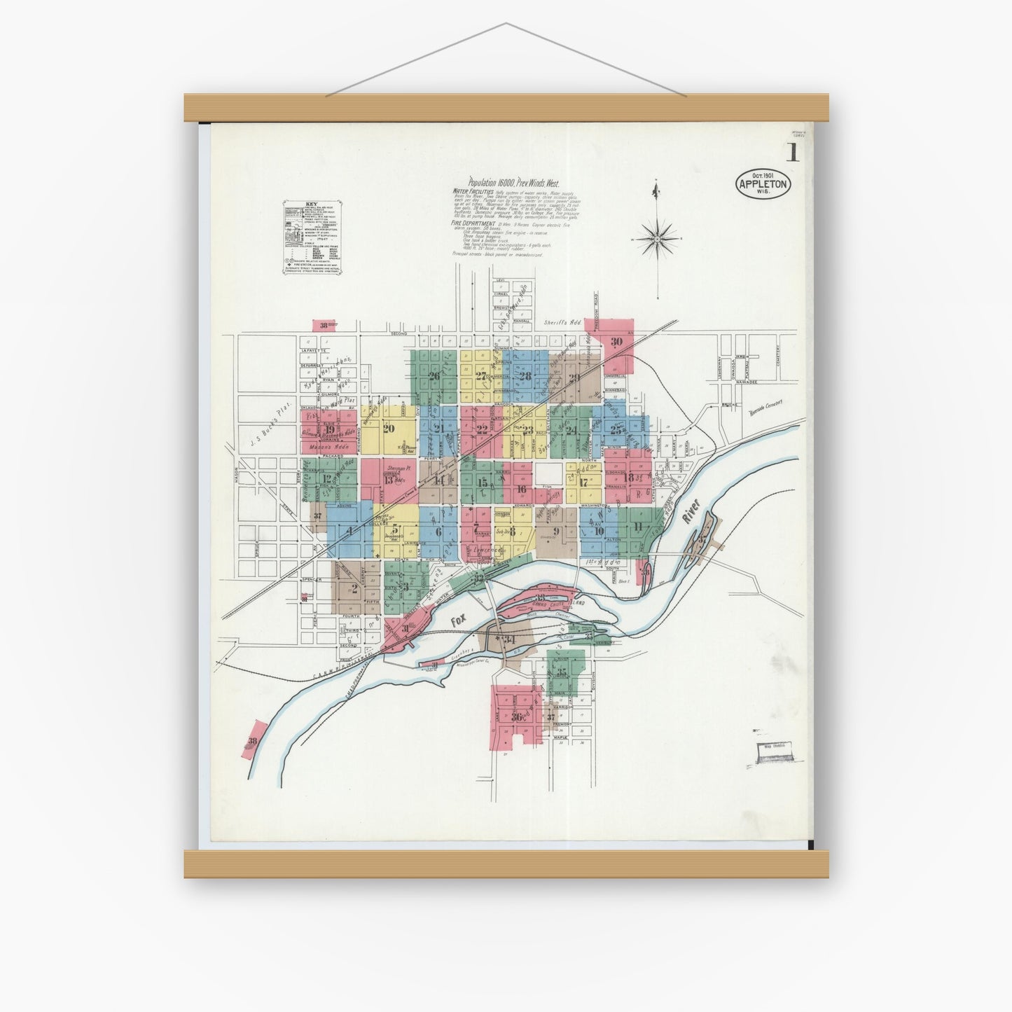 Old map wall art mockup — magnetic wood frame on white wall — Sanborn Fire Insurance Map from Appleton, Outagamie County, Wisconsin (1901), Sheet #0001