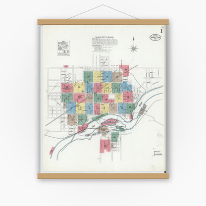 Old map wall art mockup — magnetic wood frame on white wall — Sanborn Fire Insurance Map from Appleton, Outagamie County, Wisconsin (1901), Sheet #0001