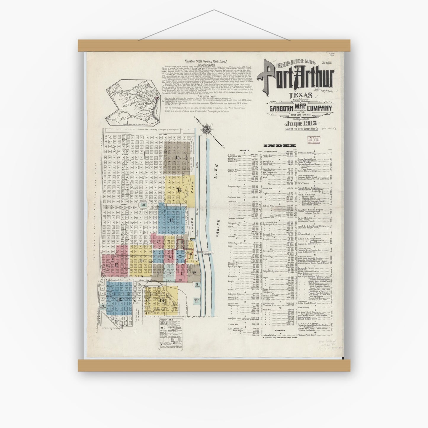 Old map wall art mockup — magnetic wood frame on white wall — Sanborn Fire Insurance Map from Port Arthur, Jefferson County, Texas (1915) - Complete Map Set