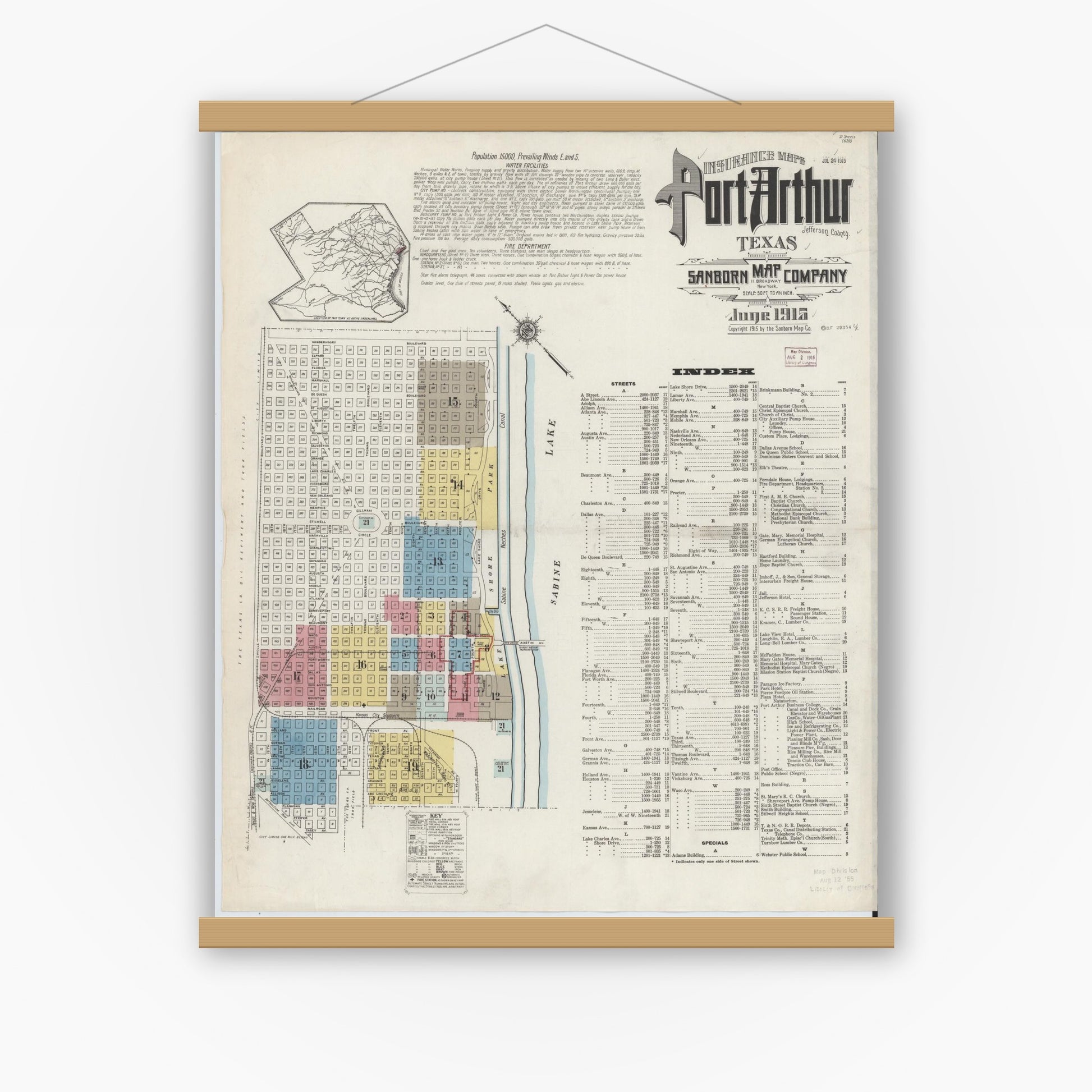 Old map wall art mockup — magnetic wood frame on white wall — Sanborn Fire Insurance Map from Port Arthur, Jefferson County, Texas (1915) - Complete Map Set