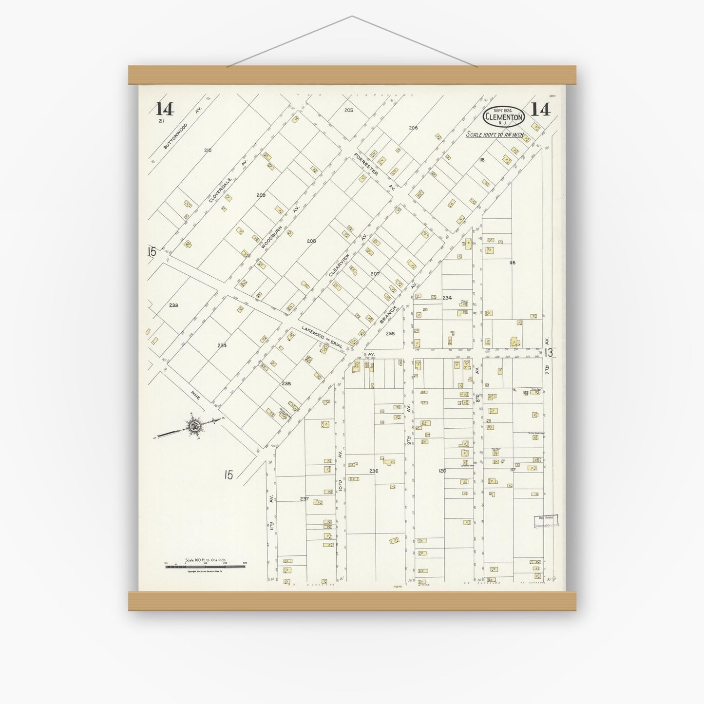 Old map wall art mockup — magnetic wood frame on white wall — Sanborn Fire Insurance Map from Clementon, Camden County, New Jersey (1924), Sheet #0014
