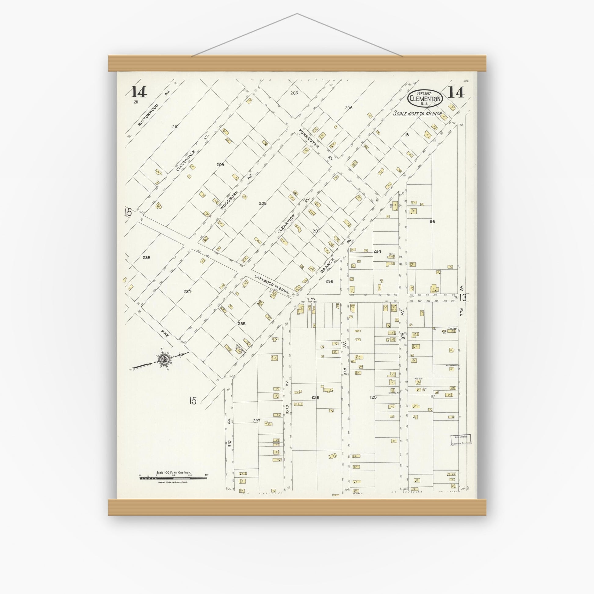 Old map wall art mockup — magnetic wood frame on white wall — Sanborn Fire Insurance Map from Clementon, Camden County, New Jersey (1924), Sheet #0014