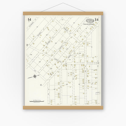 Old map wall art mockup — magnetic wood frame on white wall — Sanborn Fire Insurance Map from Clementon, Camden County, New Jersey (1924), Sheet #0014