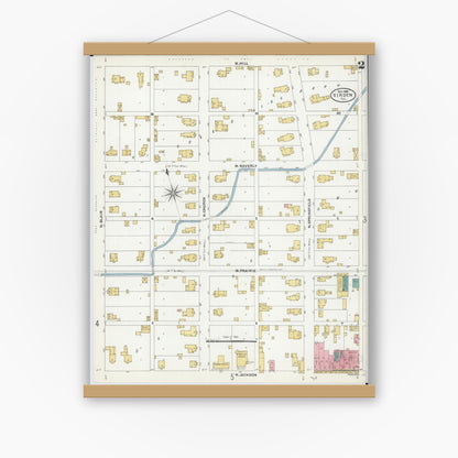 Old map wall art mockup — magnetic wood frame on white wall — Sanborn Fire Insurance Map from Virden, Macoupin County, Illinois (1906), Sheet #0002