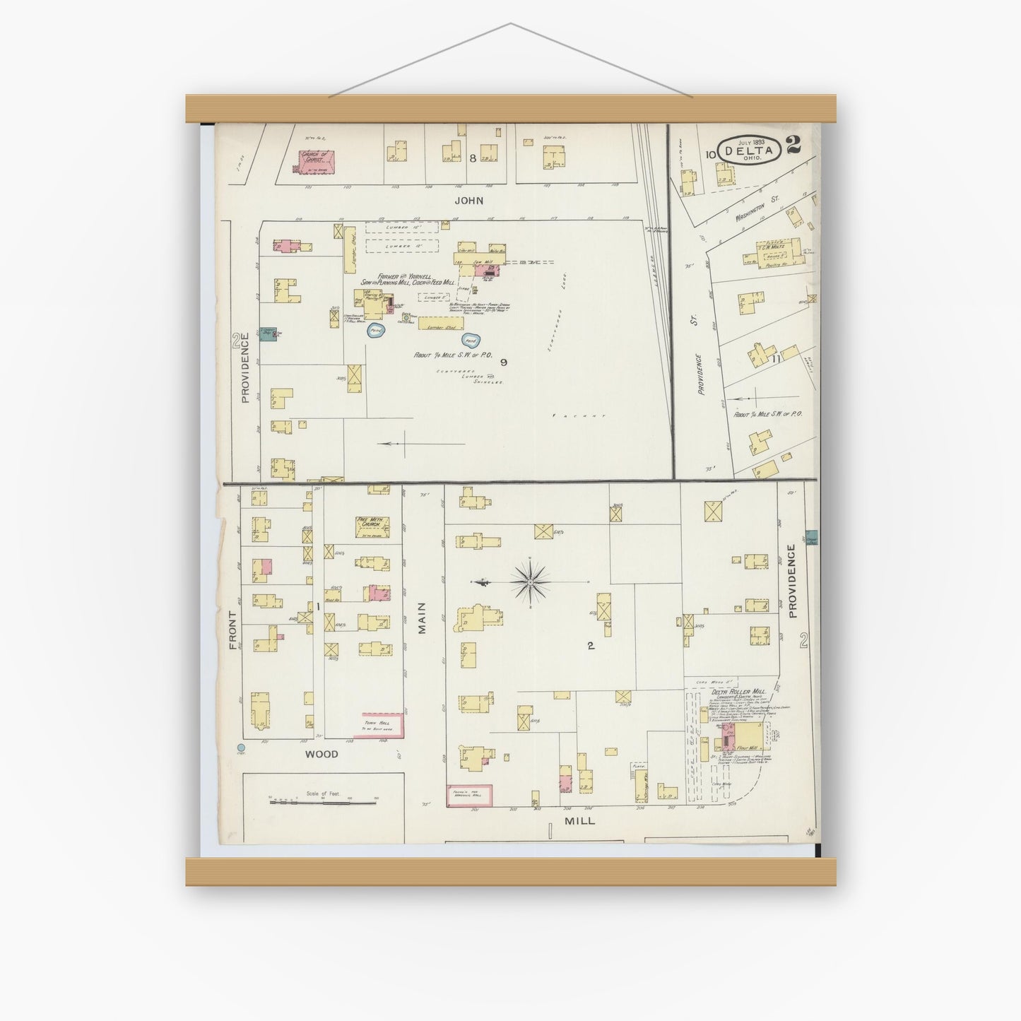 Old map wall art mockup — magnetic wood frame on white wall — Sanborn Fire Insurance Map from Delta, Fulton County, Ohio (1893), Sheet #0002