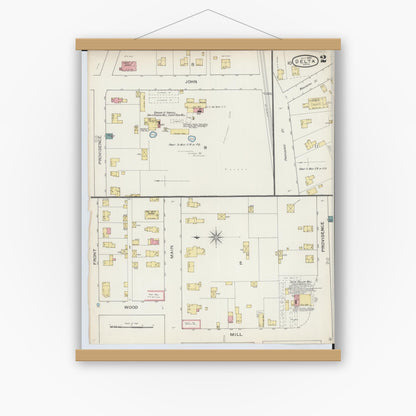 Old map wall art mockup — magnetic wood frame on white wall — Sanborn Fire Insurance Map from Delta, Fulton County, Ohio (1893), Sheet #0002